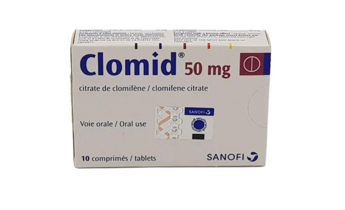 apresentação de caixa do medicamento Clomid com 50mg por comprimido