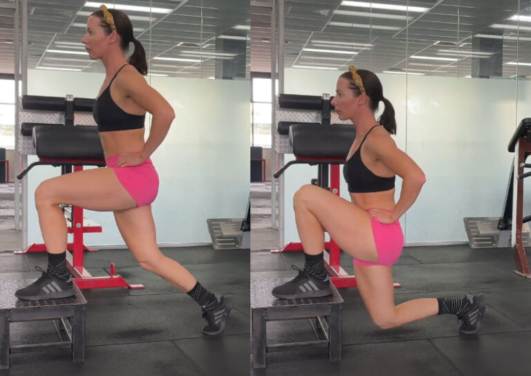 mulher fazendo o exercício afundo no step com o peso do corpo